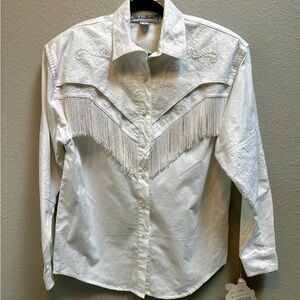 Vintage ADOBE ROSE White Lace Fringe Western Shirt Cotton Size L NEW